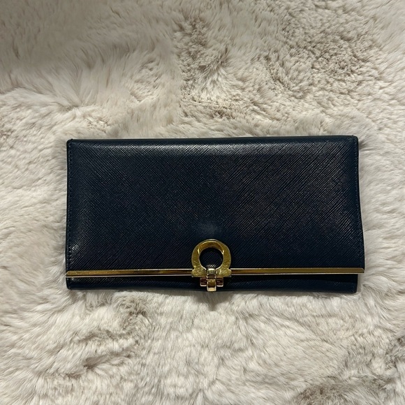 Salvatore Ferragamo Handbags - Salvatore Ferragamo Navy Blue Leather Gancini Bit Continental Long Wallet